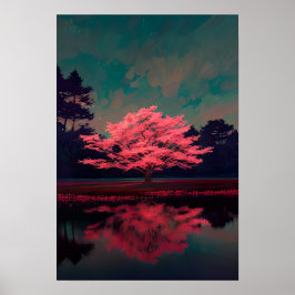 Poster Árvore rosa encantadora pelo lago reflexivo