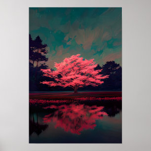 Poster Árvore rosa encantadora pelo lago reflexivo