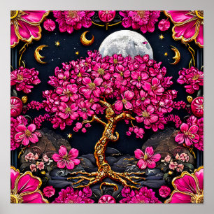 Poster Árvore Rosa Sonhadora e Lua Arte de Fantasia Capri