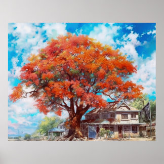 Poster Árvore Rustic Royal Poinciana em Bloom Watercolor