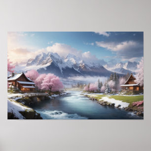 Poster Árvore Sakura japonesa de inverno com Vista de Mon