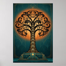 Árvore Silhueta Art Déco Elegante em Ouro e Azul P