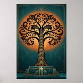 Poster Árvore Silhueta Art Déco Elegante em Ouro e Azul P