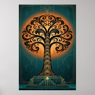 Poster Árvore Silhueta Art Déco Elegante em Ouro e Azul P