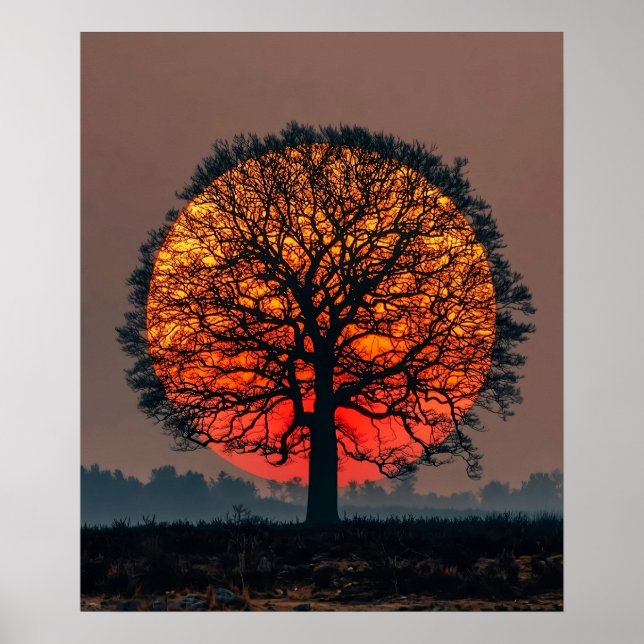 Poster Árvore Solitária ao Pôr do Sol (Frente)
