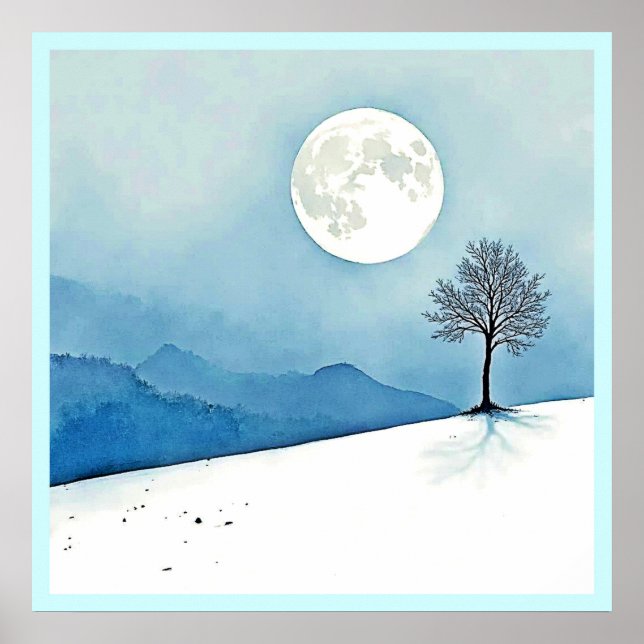 Poster Árvore Solitária: Arte da Serena Lua Cheia Silenci (Frente)