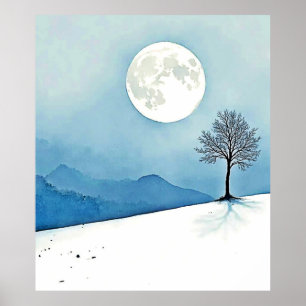 Poster Árvore Solitária: Arte da Serenidade da Lua Cheia