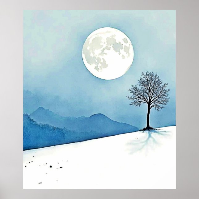 Poster Árvore Solitária: Arte da Serenidade da Lua Cheia  (Frente)