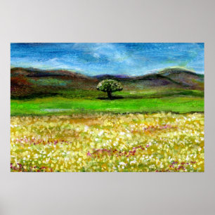 POSTER ÁRVORE SOLITÁRIA NO CAMPO DE FLORES AMARELAS, TOSC