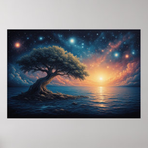 Poster Árvore Solitária no Oceano ao Pôr do Sol 🌅 Fantas