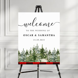 Poster Árvore verde de pinheiro de aquarela e Xadrez verm