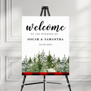 Poster Árvore verde de pinheiro de aquarela e Xadrez verm