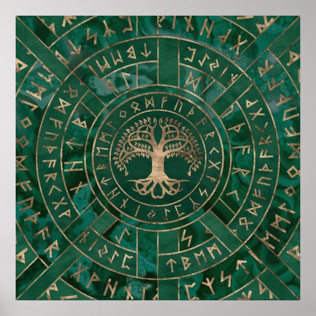 Poster Árvore viva - Yggdrasil e Futhark - Malachite (Frente)