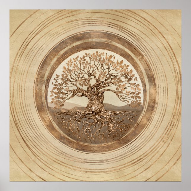 Poster Árvore viva - Yggdrasil Pastel Dourado (Frente)