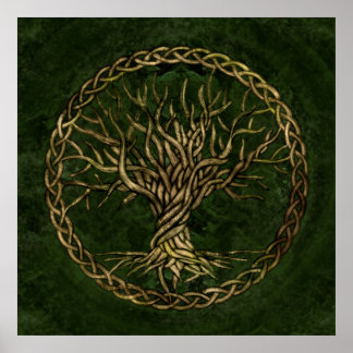 Poster Árvore viva - Yggdrasil - verde e ouro
