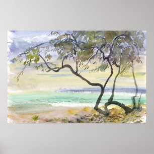 Poster Árvores Costeiras e Mar Turquesa Aquarela