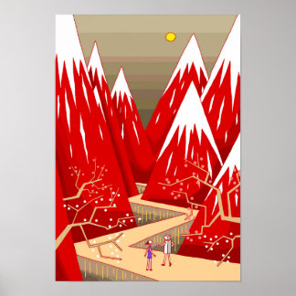 Poster Árvores de ameixa e montanhas tingidas de vermelho