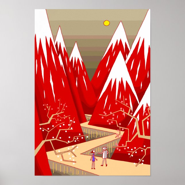 Poster Árvores de ameixa e montanhas tingidas de vermelho (Frente)