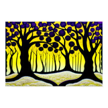 Árvores de fruta roxa com fundo amarelo