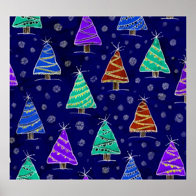 Poster Árvores de Natal Aquarela: Padrão Florestal. (Frente)