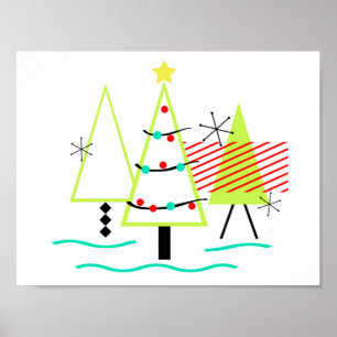 Poster árvores de natal modernas de meados do século retr