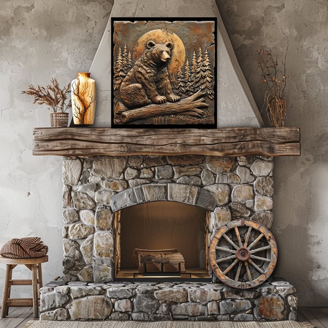 Poster Árvores De Pinheiros Com Urso De Madeira Esculpida (Criador carregado)