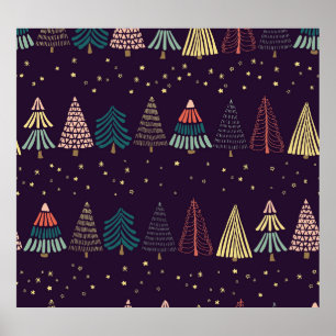 Poster Árvores de rabisco, estrelas, azul escuro.