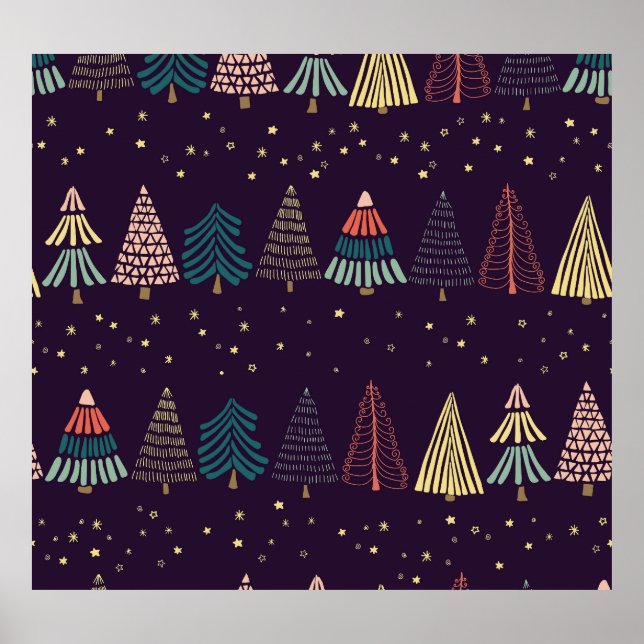 Poster Árvores de rabisco, estrelas, azul escuro. (Frente)