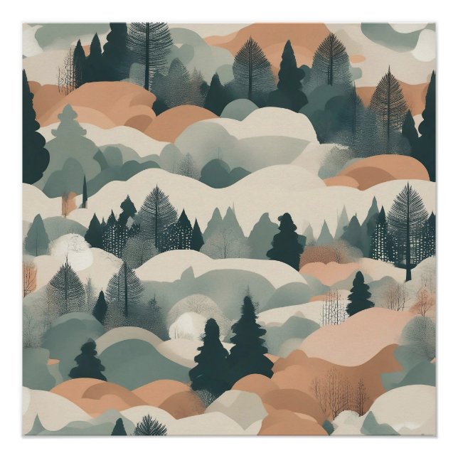 Pôster Árvores e Montanhas Projeto Abstrato de Boho (Frente)