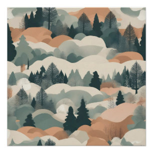 Pôster Árvores e Montanhas Projeto Abstrato de Boho