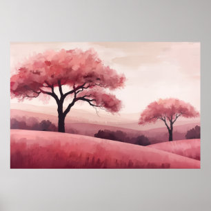 Poster Árvores Floridas Cor-de-Rosa Colinas Onduladas Pai