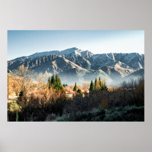 POSTER ÁRVORES VERDES PERTO DA MONTANHA COBERTA PELA NEV