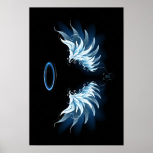 Poster Asas Anjos Azuis Brilhantes em fundo preto