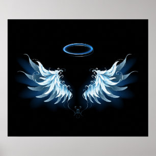 Poster Asas Anjos Azuis Brilhantes em fundo preto