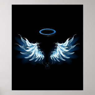 Poster Asas de anjo azuis brilhantes em fundo preto