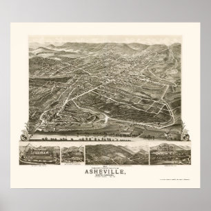 Pôster Asheville, mapa panorâmico do NC - 1891