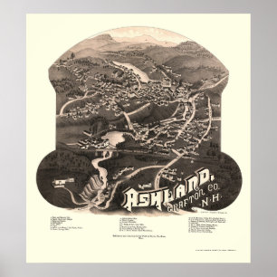 Pôster Ashland, mapa panorâmico do NH - 1886