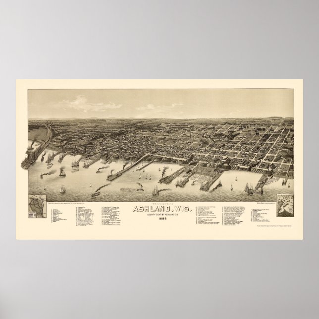 Poster Ashland, Mapa Panorâmico do WI - 1886 (Frente)