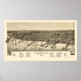 Poster Ashland, mapa panorâmico dos WI - 1886