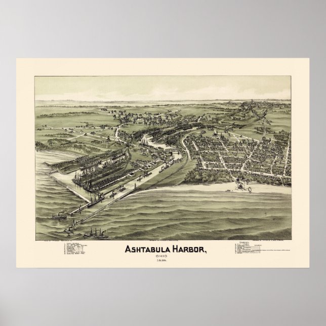 Poster Ashtabula Harbor, Mapa Panorâmico do OH - 1896 (Frente)
