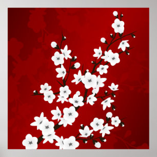 Poster Asia Floral White Chersom Red