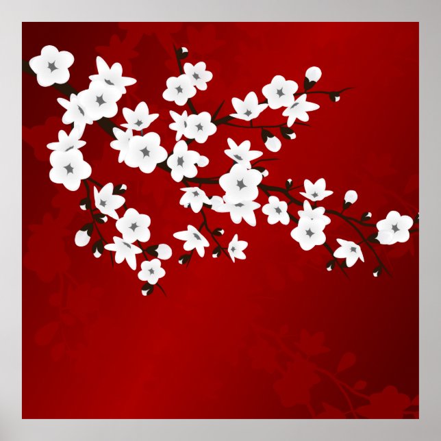 Poster Asia Floral White Chersom Red (Frente)