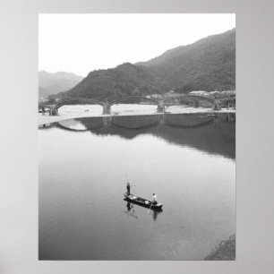 Pôster Ásia, Japão, Iwakuni. Pescadores e ponte histórica