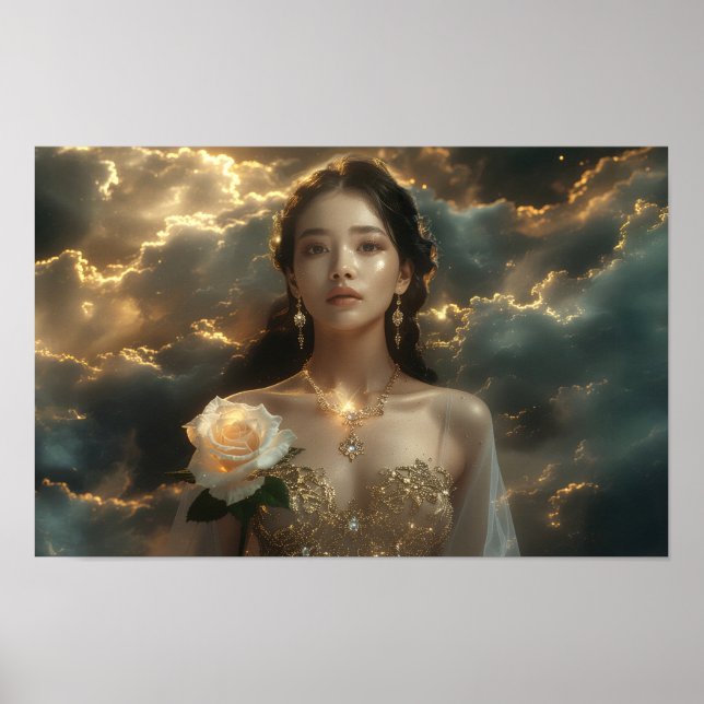 Poster Asian Beauty With White Rose (Frente)