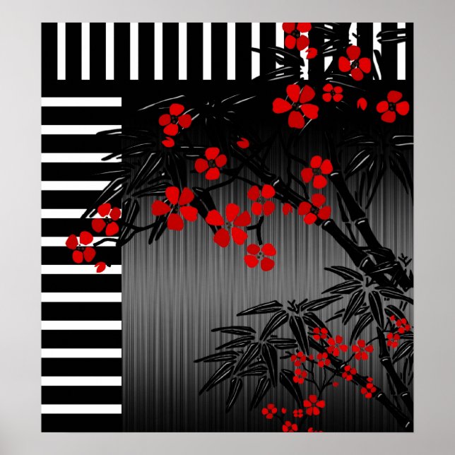 Poster asiático Vermelho Negro Branco Bamboo Flora (Frente)