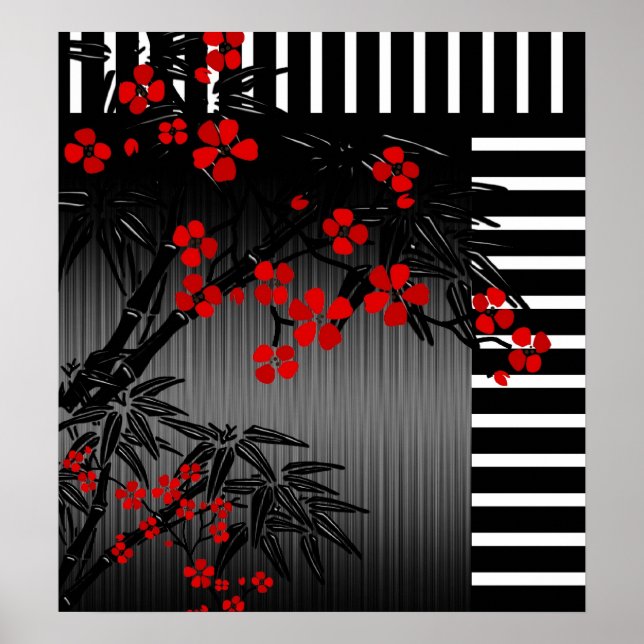 Poster asiático Vermelho Negro Branco Bamboo Flora (Frente)
