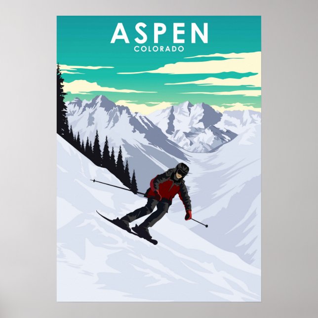 Poster Aspen Skiing Travel Illustration (Frente)