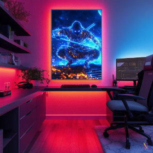 Poster Assassino Sombra Neon – Ninja Cyberpunk em Azul