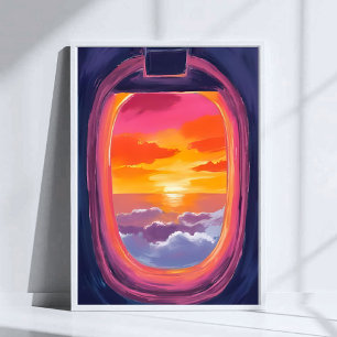 Poster Assento da Janela Pôr do Sol Avião Viagem Pintura