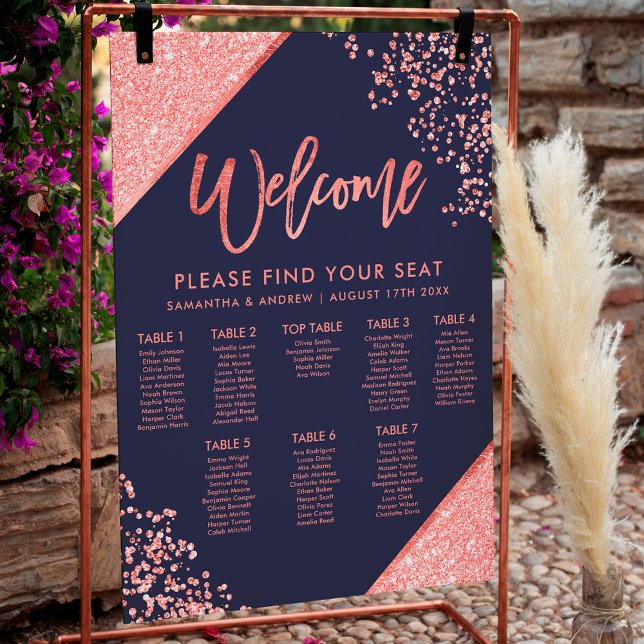 Poster Assento de casamento azul-marinho com brilho moder (Modern coral glitter navy blue wedding seating poster)